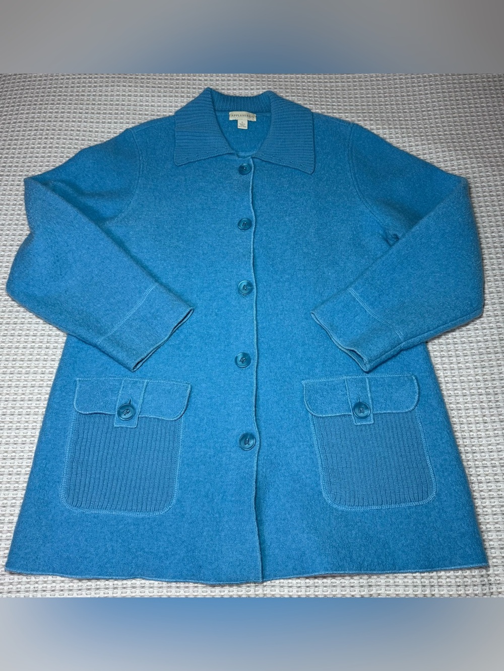 Appleseed's Cardigan Jacket Women Large Blue 100% Boiled Wool Collared Pockets